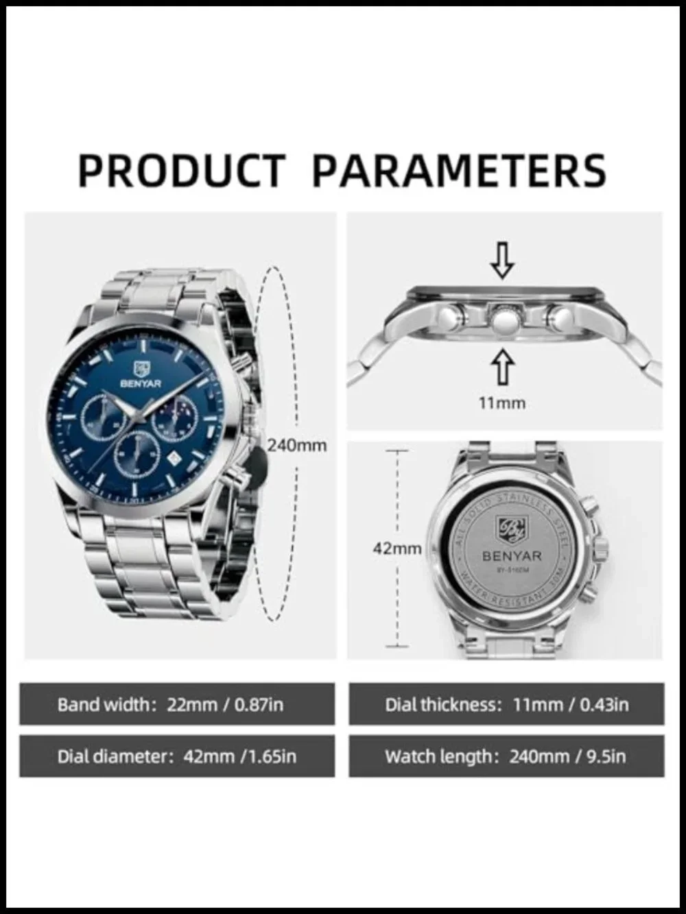 Mens Quartz Chronograph Watch Stainless Steel Waterproof Luminous